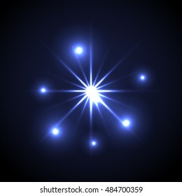 Shining vector star illustration. Glow transparent spot radiance on blue background.