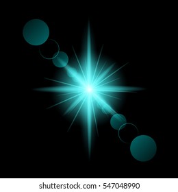 Shining vector sun with light effects. Flares and gleams rounded and hexagonal shapes.