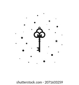 Shining Vintage Key With Stars Icon. Mystery, Clue And Magic Symbol. Help, Hint, Tint And Secret Concept. Vector Illustration Isolated On White. Unlock Treasure Sign.