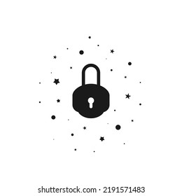 Shining Vintage Lock With Stars Icon. Mystery, Clue And Magic Symbol. Help, Hint, Tint And Secret Concept. Vector Illustration Isolated On Black. Unlock Treasure Sign.