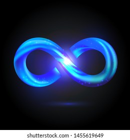 Shining volume infinity symbol with white fire inside. Bright blue fusion swoosh sign. Vector 3d illustration isolated on black background. Sparkle neon spiral wave.