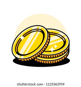Shining, volumetric gold coins stack. Black contour and shadow. Vector illustration, isolated.