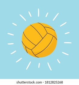 Shining water polo ball. Sport card. Hand drawn vector illustration in cartoon and flat style on blue background