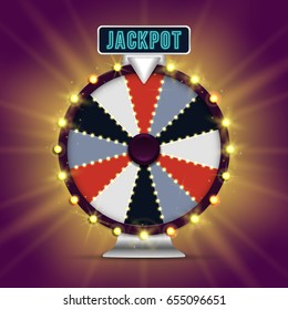 Shining wheel of fortune. Spinning lucky roulette on a bright glowing background. Vector illustration.