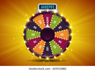 Shining wheel of fortune. Spinning lucky roulette on a bright glowing background. Vector illustration.