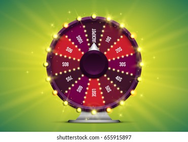 Shining wheel of fortune. Spinning lucky roulette on a bright glowing background. Vector illustration.