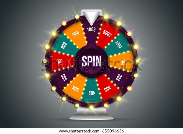 Shining wheel of fortune. Spinning\
lucky roulette on a dark background. Vector\
illustration.