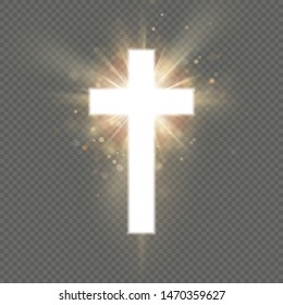 Shining white cross effect on transparent background. Shining saint cross. Riligious symbol. Easter and Christmas sign. EPS 10