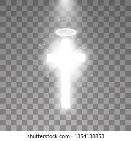 Shining white cross and white halo angel ring and sunlight special lens flare light effect on transparent background. Glowing saint cross. Vector illustration