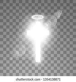 Shining white cross and white halo angel ring and sunlight special lens flare light effect on transparent background. Glowing saint cross. Vector illustration