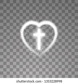 Shining white cross with heart on transparent background. Glowing saint cross. Vector illustration