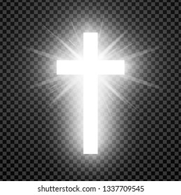 Shining white cross isolated on transparent background. Riligious symbol. Glowing Saint cross. Easter and Christmas sign. Vector illustration