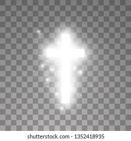 Shining white cross on transparent background. Glowing saint cross. Vector illustration