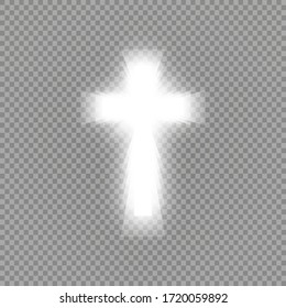 Shining white cross and sunlight special lens flare light effect on transparent background. Glowing saint cross. Vector illustration