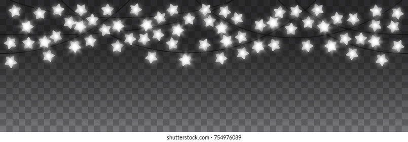 Shining white garlands in star form, festive xmas decorations. Glowing holiday christmas lights isolated on transparent background. Horizontal seamless realistic 3d vector objects.