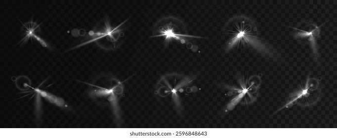 Shining white light burst with glowing sparkles and bokeh lens flare, bright explosion flash isolated on a transparent background, realistic star effect for festive decorations and graphic designs