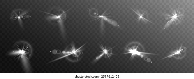 Shining white light burst with glowing sparkles and bokeh lens flare, bright explosion flash isolated on a transparent background, realistic star effect for festive decorations and graphic designs