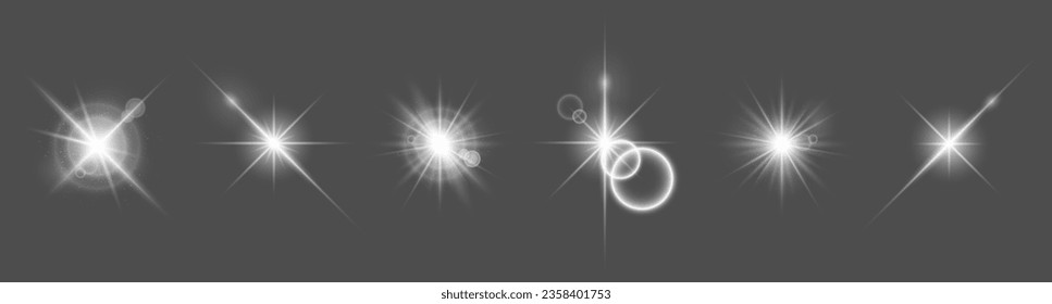 Shining white light effects on a dark background. A collection of various glowing sparks, stars. The effect of glow, radiance, shine. Vector illustration.