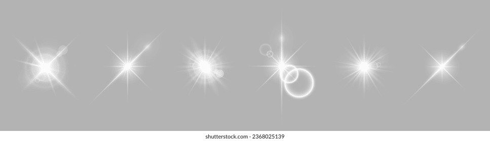 Shining white light effects on a light gray background. A collection of various glowing sparks, stars. The effect of glow, radiance, shine. Vector illustration.