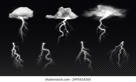 Shining white lightning in vector format, with and without clouds. Abstract magic fog and lightning designs for game design visualization on black isolated background.