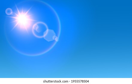 Shining white and red sun with flare effect and halo on dark blue background, nature realistic vector illustration