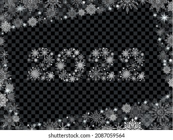 shining white snowflakes make up numbers 2022 with a frame  of snowflakes on 
transparent background