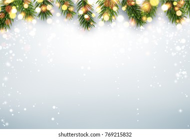 Shining winter background with fir branches and snow. Vector Christmas illustration.
