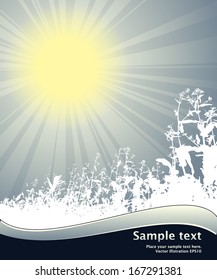 shining winter sun with snowed flowers on the background and flying strips and dark text field 