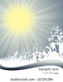 shining winter sun with snowed flowers on the background, colored flying strip and text field