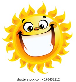 Shining yellow excited smiling sun cartoon character as good weather sign temperature