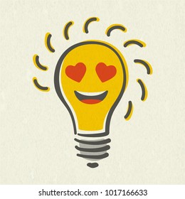Shining yellow light bulb isolated on white paper background. Emoji light bulb with funny emotion. Love and valentines day concept. Hand-drawn vector illustration. Creative concept of idea.