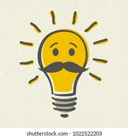 Shining yellow light bulb isolated on white paper background. Emoji lightbulb with funny emotion and mustache. Hand-drawn vector illustration. Creative concept of idea.