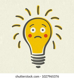 Shining yellow light bulb isolated on white paper background. Emoji lightbulb with sad emotion. Hand-drawn vector illustration. Creative concept of idea.