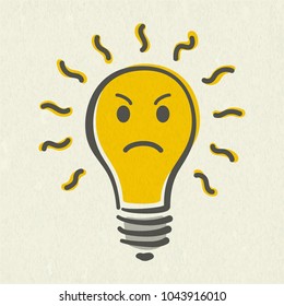Shining yellow light bulb isolated on white paper background. Emoji lightbulb with sad emotion. Hand-drawn vector illustration. Creative concept of idea.