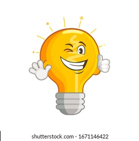 Shining yellow light bulb isolated on white background. Smiling lightbulb with funny emotion. Emoji on creative idea, inspiration symbol.Decoration for greeting cards, prints, badges, posters.Vector.