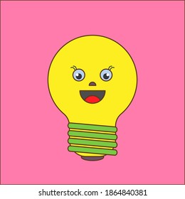 Shining yellow light bulb isolated on white background. Smiling lightbulb with funny emotion. Emoji on creative idea, inspiration symbol.Decoration for greeting cards, prints, badges, posters.Vector.