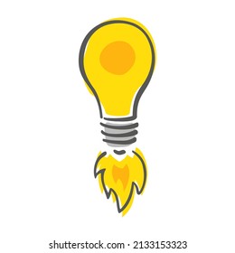 Shining yellow light bulb isolated on white background. Hand-drawn vector illustration. Creative concept of idea.
