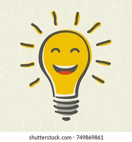 Shining yellow light bulb isolated on white paper background. Emoji lightbulb with funny emotion. Hand-drawn vector illustration. Creative concept of idea.