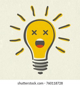 Shining yellow light bulb isolated on white paper background. Emoji lightbulb with funny emotion. Hand-drawn vector illustration. Creative concept of idea.
