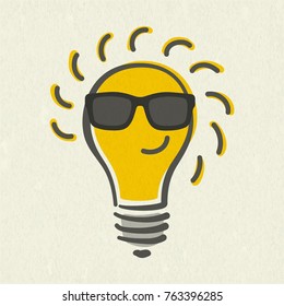 Shining yellow light bulb isolated on white paper background. Emoji lightbulb with funny emotion. Hand-drawn vector illustration. Creative concept of idea.
