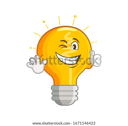 Shining yellow light bulb isolated on white background. Smiling lightbulb with funny emotion. Emoji on creative idea, inspiration symbol.Decoration for greeting cards, prints, badges, posters.Vector.