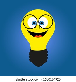 Shining yellow light bulb on blue paper background. Smiling, clever light bulb in glasses. Hand-drawn vector illustration. Creative concept of idea.