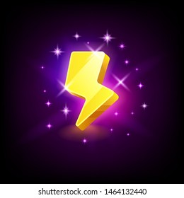 Shining yellow lightning, slot icon for online casino or logo for mobile game on dark background, vector illustration