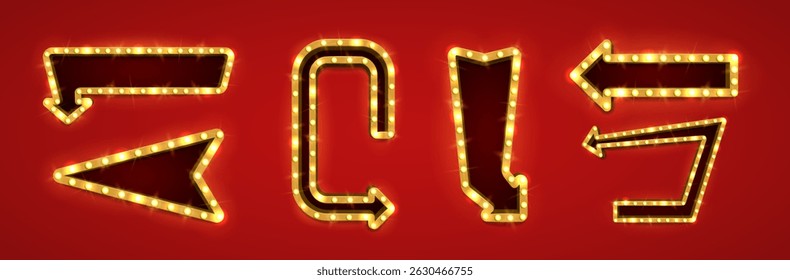 Shining yellow retro arrows. Vintage bright billboards for your design. Vector illustration.