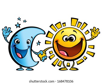 Shining yellow smiling sun and blue moon cartoon characters a happy day night concept image