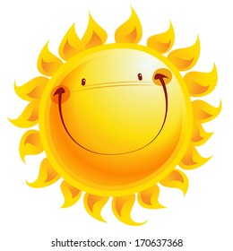 Shining yellow smiling sun cartoon character as weather sign temperature