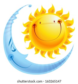 Shining yellow smiling sun and sleeping blue moon cartoon character a balance harmony icon of day and night