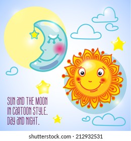 Shining yellow smiling sun and sleeping blue moon cartoon character a balance harmony icon of day and night