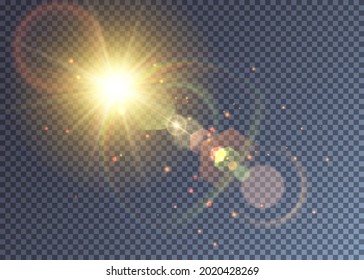 Sol vectorial amarillo brillante con efecto de destello de lente. Partículas mágicas coloridas, vislumbres y halo. Ilustración del día de verano caliente