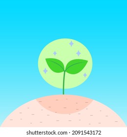 Shiningly growing sprout on fertile soil mound. Fertile soil concept. Vector illustration outline flat design style.